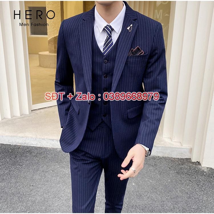 Bộ Vest Nam Cao Cấp màu Xanh than Kẻ sọc, Suit Nam Hàn Quốc Chất Vải Sịn, Quần có tăng chỉnh size