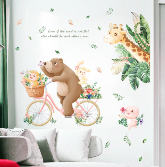 Decal trang trí tường - Chú gấu nâu đạp xe đạp và những người bạn