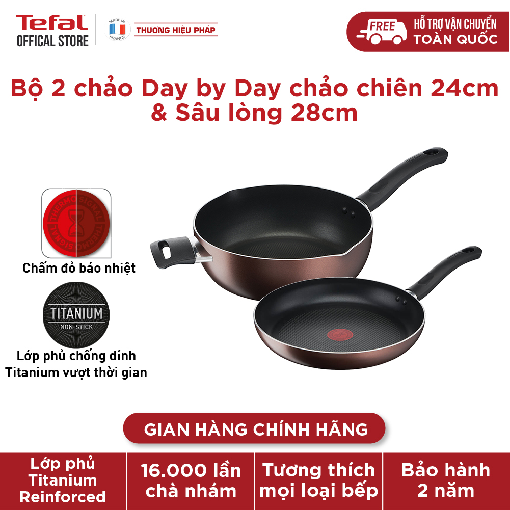 Bộ 2 Chảo chiên, Chảo chiên sâu lồng Tefal Day By Day 24-28 -  Dùng cho mọi loại bếp - Báo nhiệt thông minh - Hàng chính hãng