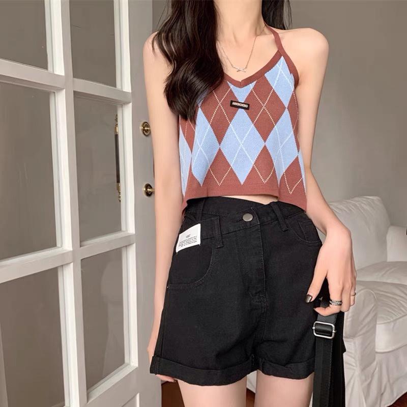 Áo yếm caro croptop dệt kim len nữ kiểu buộc dây cô tim dáng ngắn thiết kế Quảng Châu cao cấp trẻ trung cá tính
