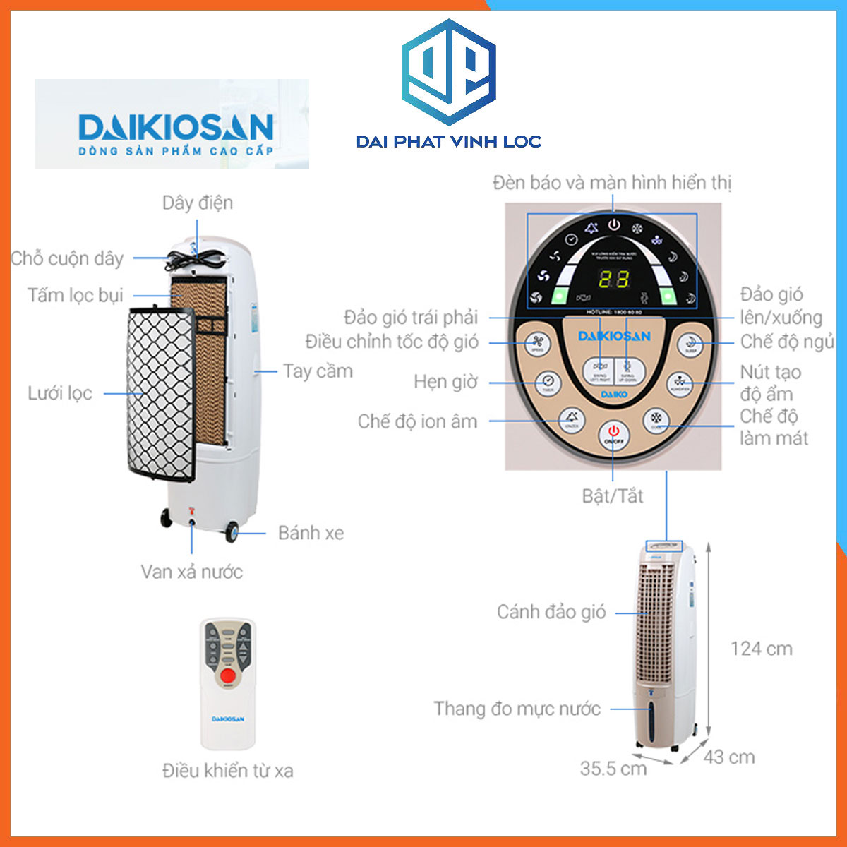 Quạt Điều Hòa Hơi Nước/Máy Làm Mát Không Khí Daikiosan DKA-01500B - 90W - Yên Lặng Khi Ngủ- Bảo Hành 12 T