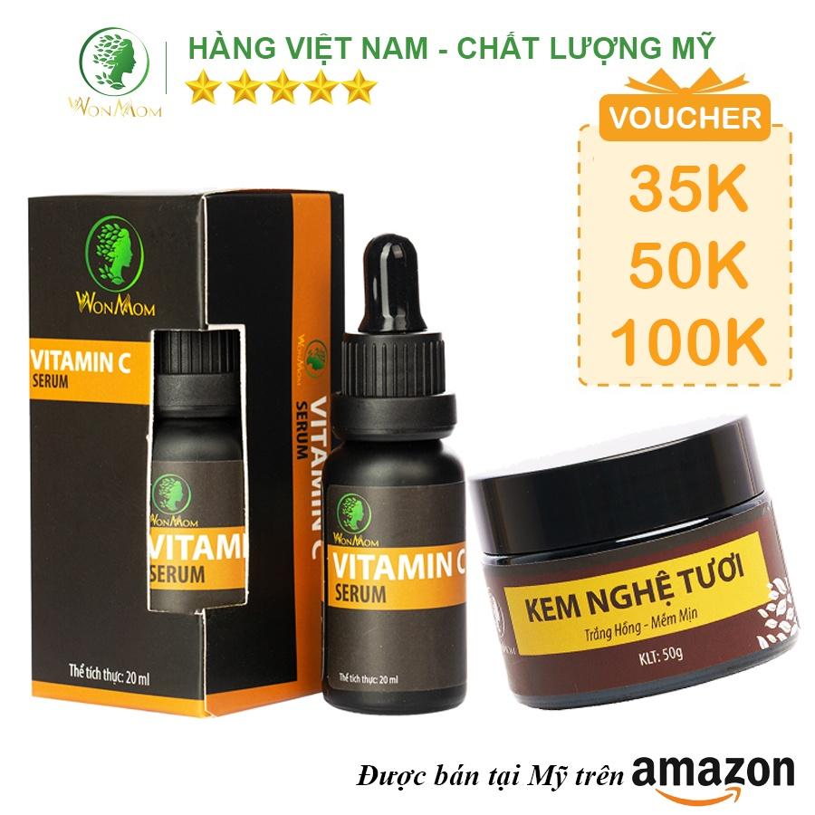 Bộ dưỡng trắng hồng, mịn màng da mặt Wonmom ( 1 serum vitamin C + 1 kem nghệ tươi )