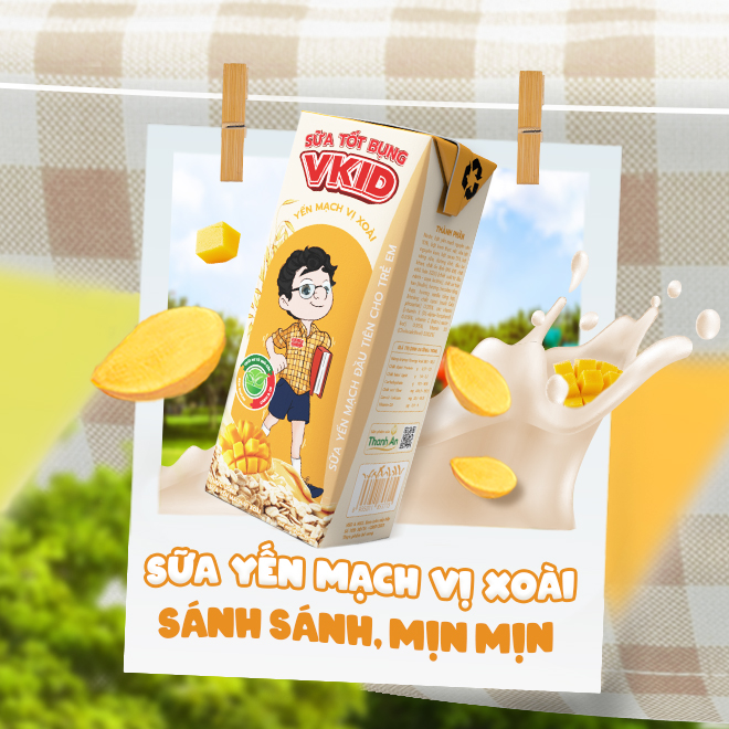 (Tặng 6 bình V-Kid) Thùng 48 hộp Sữa Yến Mạch V-Kid VIỆT NGŨ CỐC Vị Xoài 180ml/Hộp