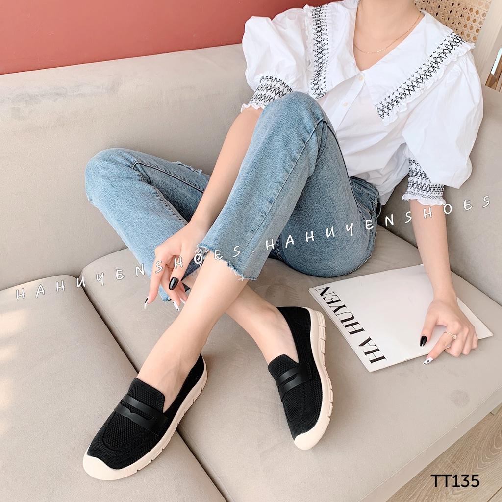 Giày slip on nữ Hà Huyền Shoes vải len lỗ phối đai da ngang dáng thể thao năng động - TT135