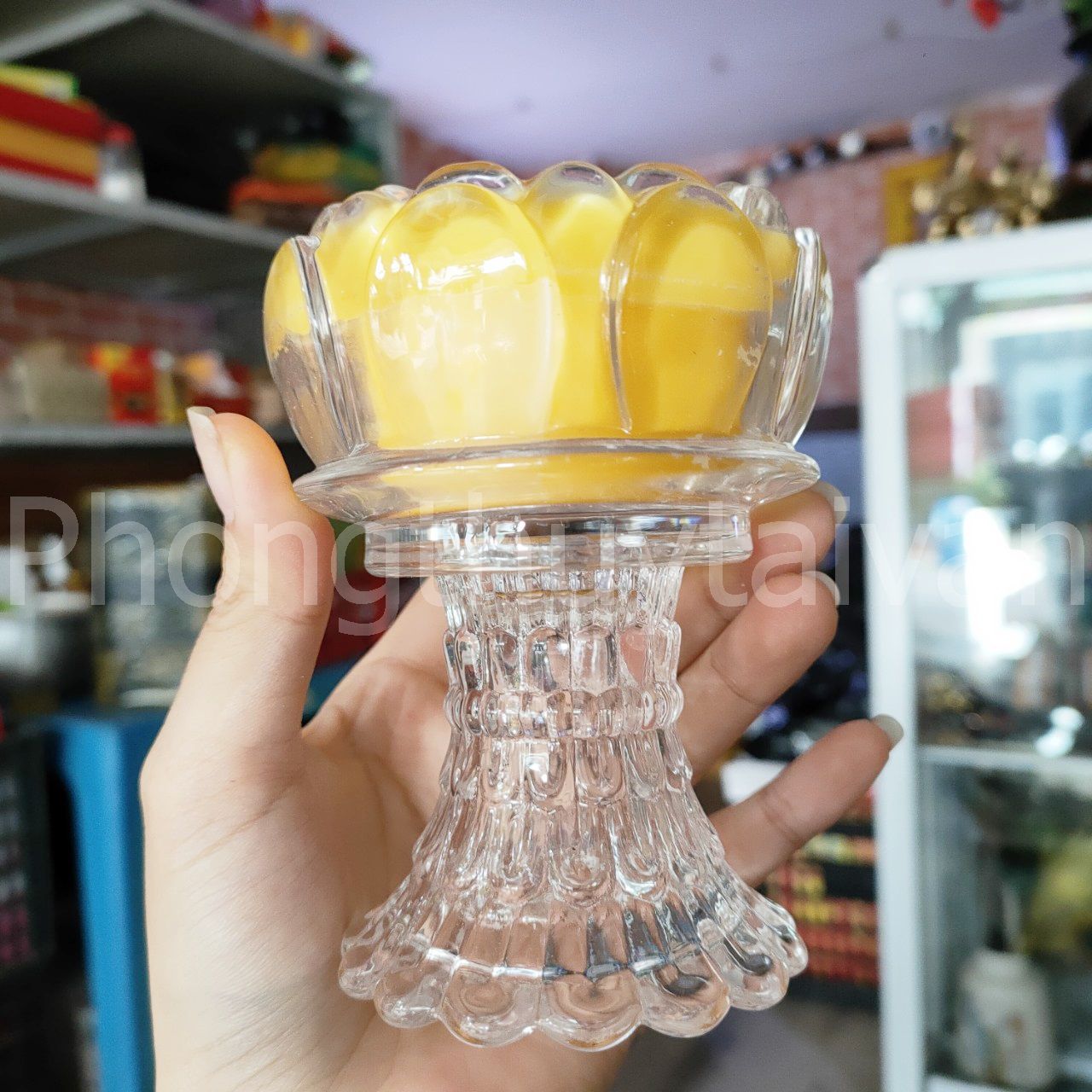 Nến ly sáp BƠ chân cao thủy tinh Vàng thơm tự nhiên, ít khói - thờ cúng.