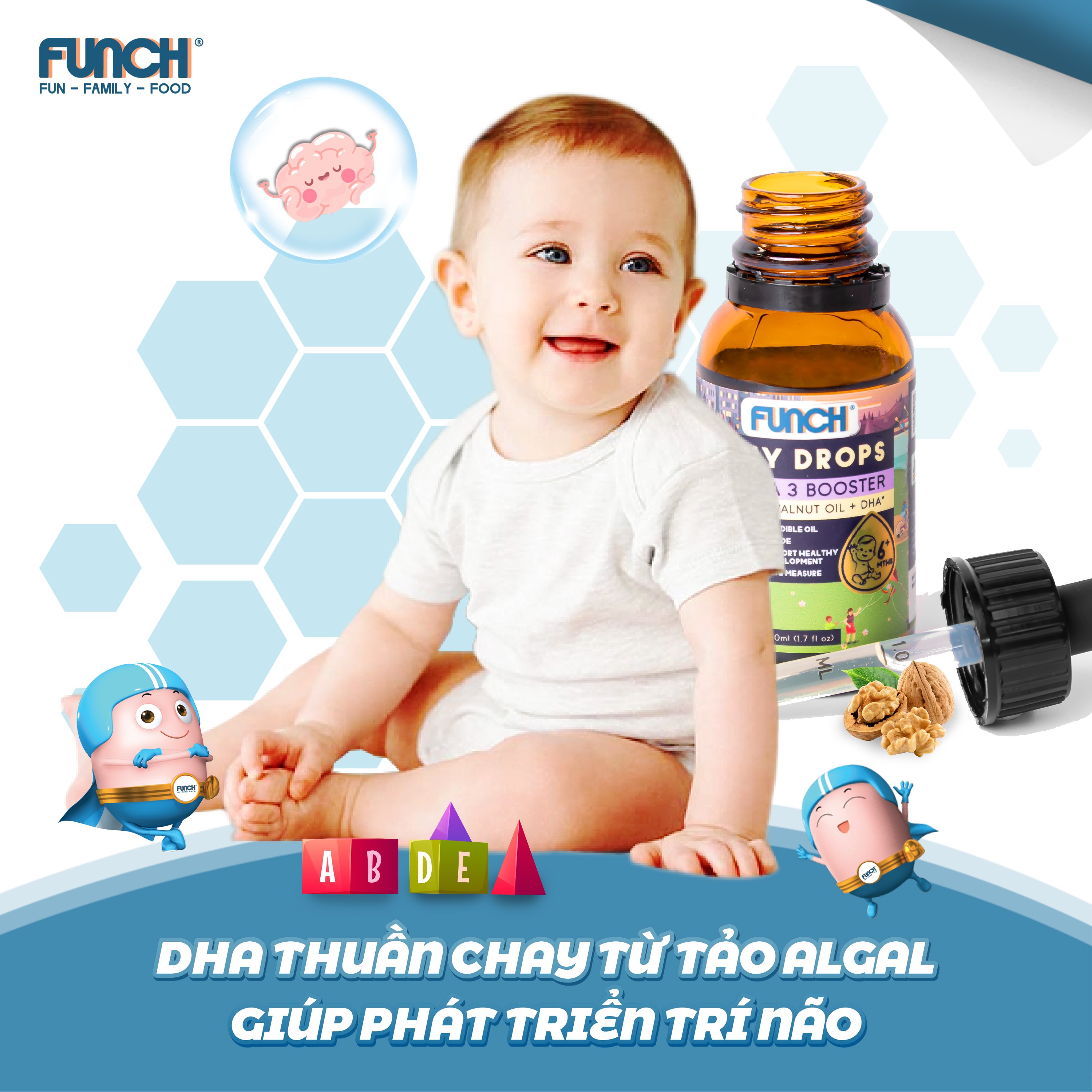 Dầu óc chó bổ sung DHA Omega 3 cho bé ăn dặm từ 6 tháng FUNCH DHA Drops 50ml