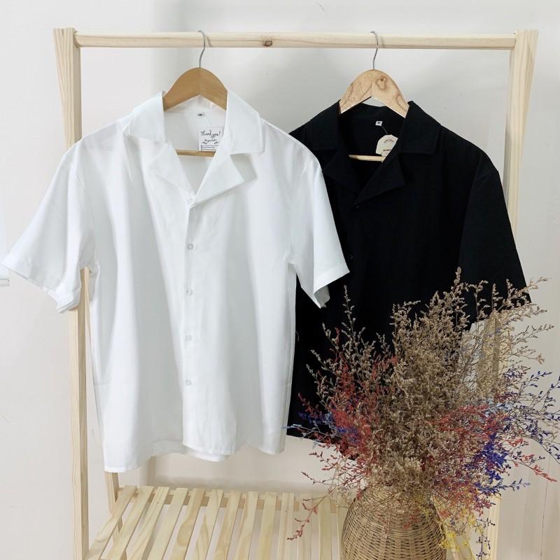 ÁO SƠ MI TAY NGẮN TRẮNG ĐEN BASIC CỔ VEST FORM RỘNG NAM NỮ UNISEX HÀN QUỐC MR SMILE 99 STREET STYLE ULZZANG