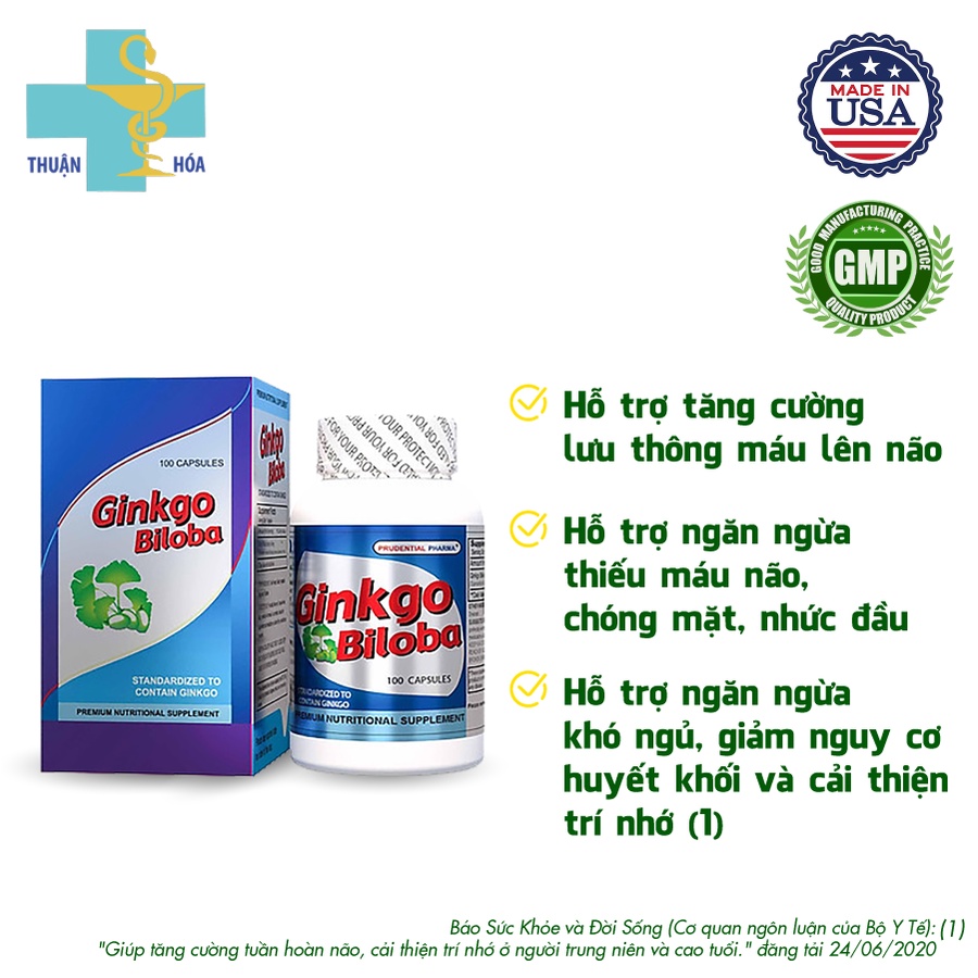 Viên nang cứng Ginkgo Biloba chai x 100 viên - Hỗ Trợ Hoạt Huyết, Tăng Cường Lưu Thông Máu Não
