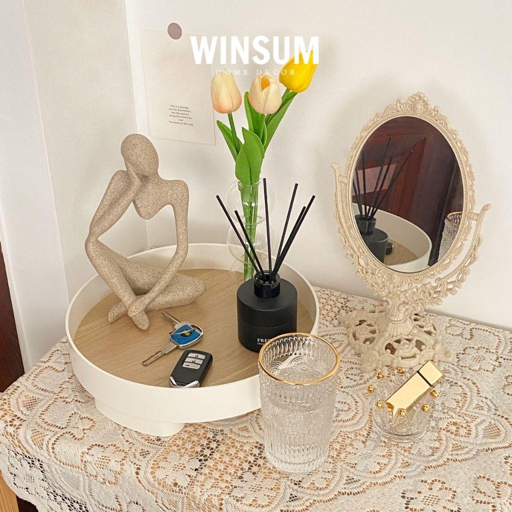 Khay tròn mặt vân gỗ đựng mỹ phẩm, nước hoa, decor phong cách Hàn Quốc - Winsum.decor