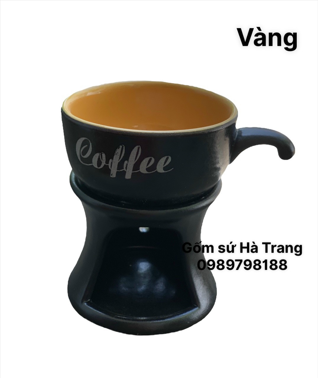 Bộ bếp hâm nóng cafe gốm sứ Bát Tràng cao cấp men đen lòng vàng