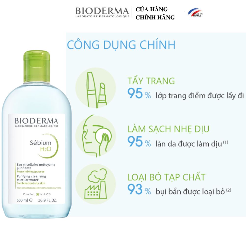 Nước tẩy trang cho da dầu mụn Bioderma Sébium H2O Làm sạch da và hạn chế tiết bã nhờn