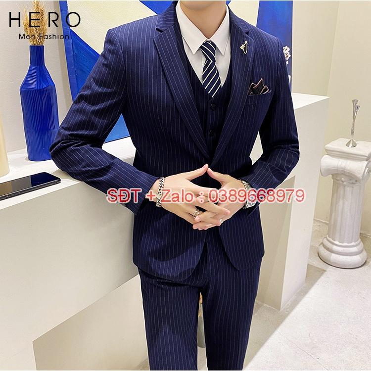 Bộ Vest Nam Cao Cấp màu Xanh than Kẻ sọc, Suit Nam Hàn Quốc Chất Vải Sịn, Quần có tăng chỉnh size