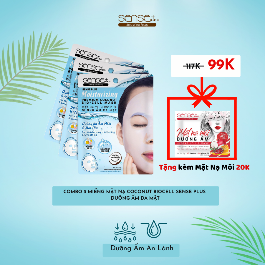 COMBO 3 MIẾNG MẶT NẠ SINH HỌC COCONUT BIO-CELL DƯỠNG ẨM SENSE PLUS + TẶNG MẶT NẠ MÔI