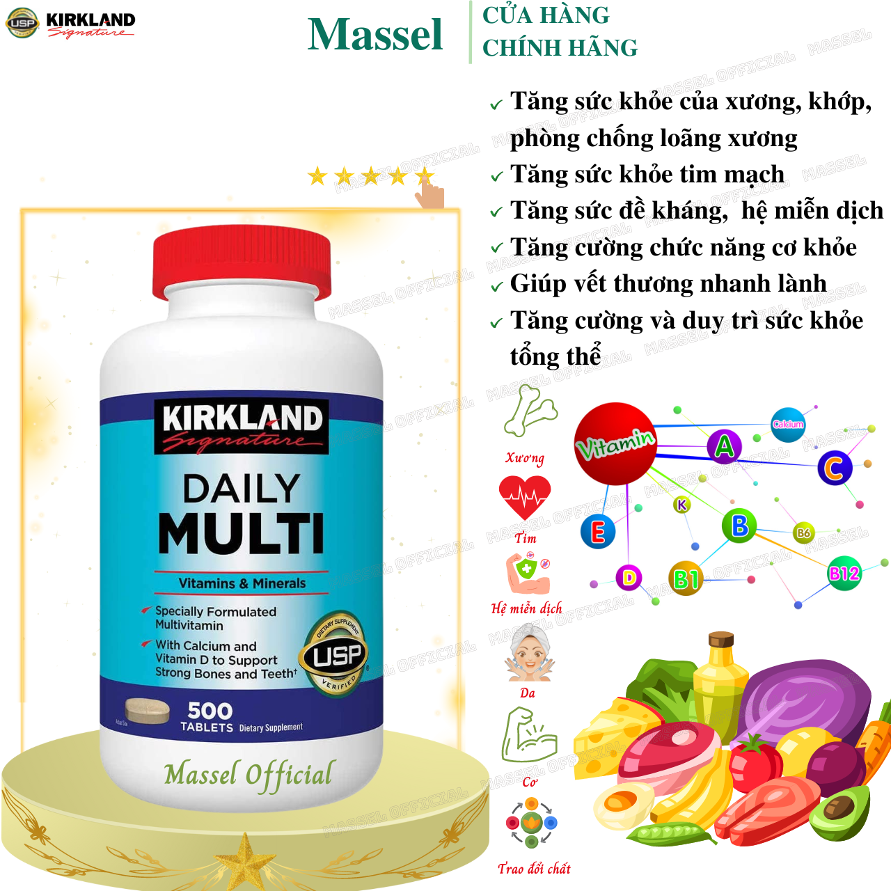 Vitamin tổng hợp cho người dưới 50 tuổi Kirkland Multivitamin tăng cường sức đề kháng, tăng sức khỏe tổng thể, giảm mệt mỏi - Massel Official