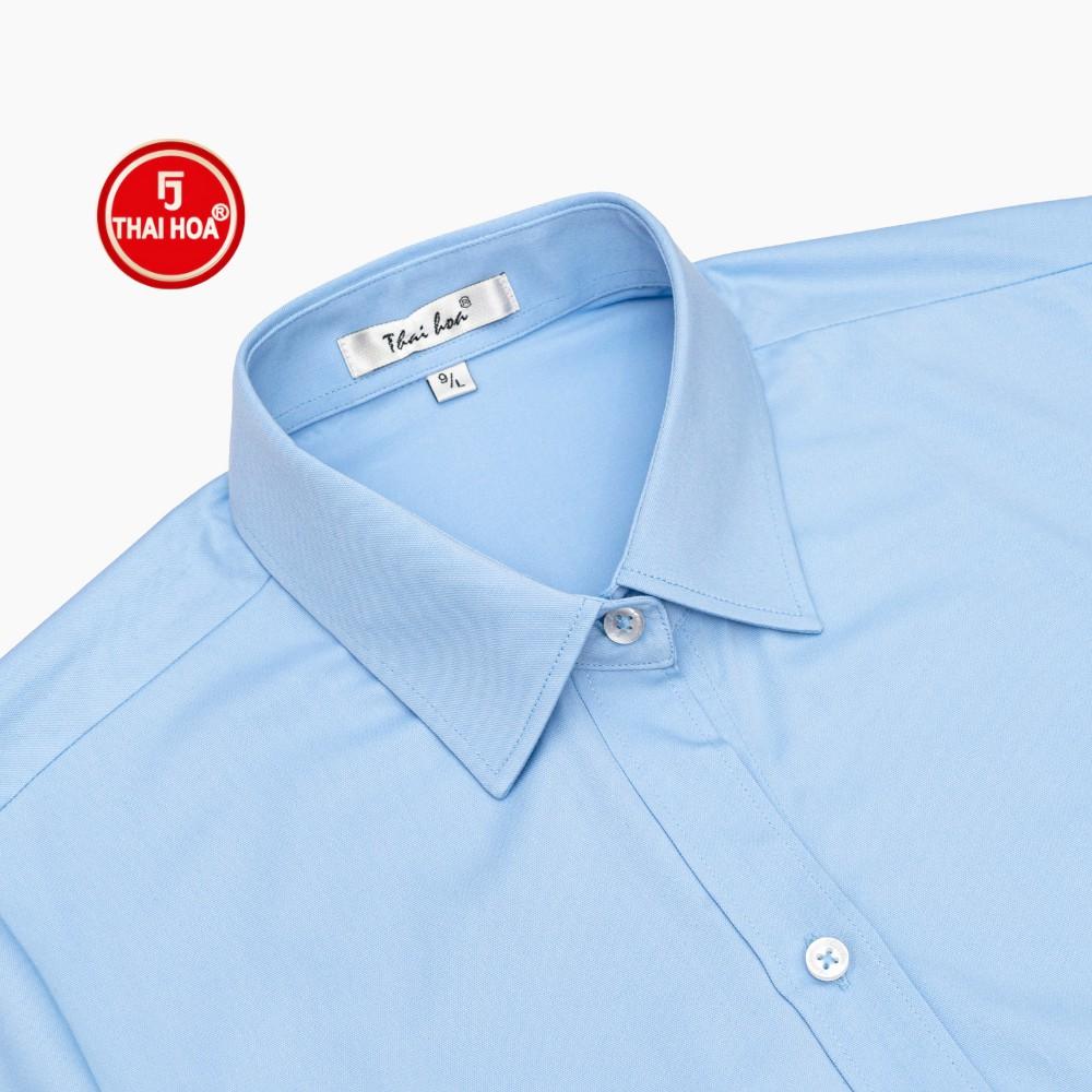 Áo sơ mi vải sợi tre thoáng mát màu xanh dương Sơ mi thời trang Thái Hòa N8919-03-01