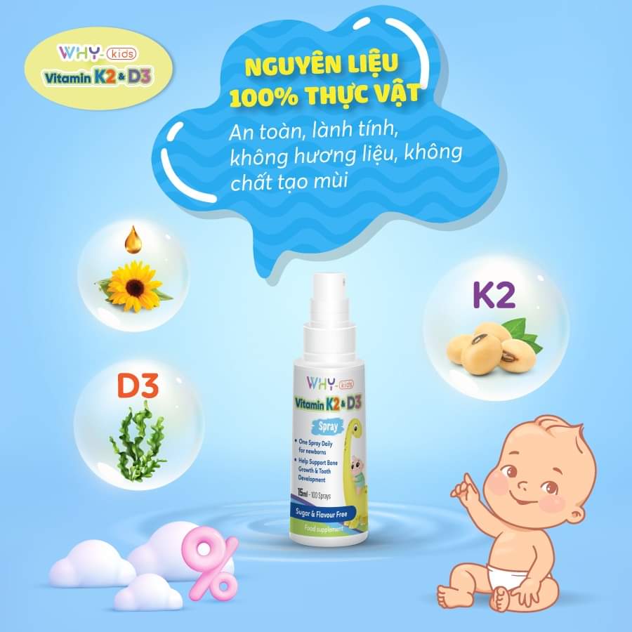 Why Kids Vitamin K2 &amp; D3 Spray 15ml - Hỗ Trợ Tăng Cường Hấp Thu Calci