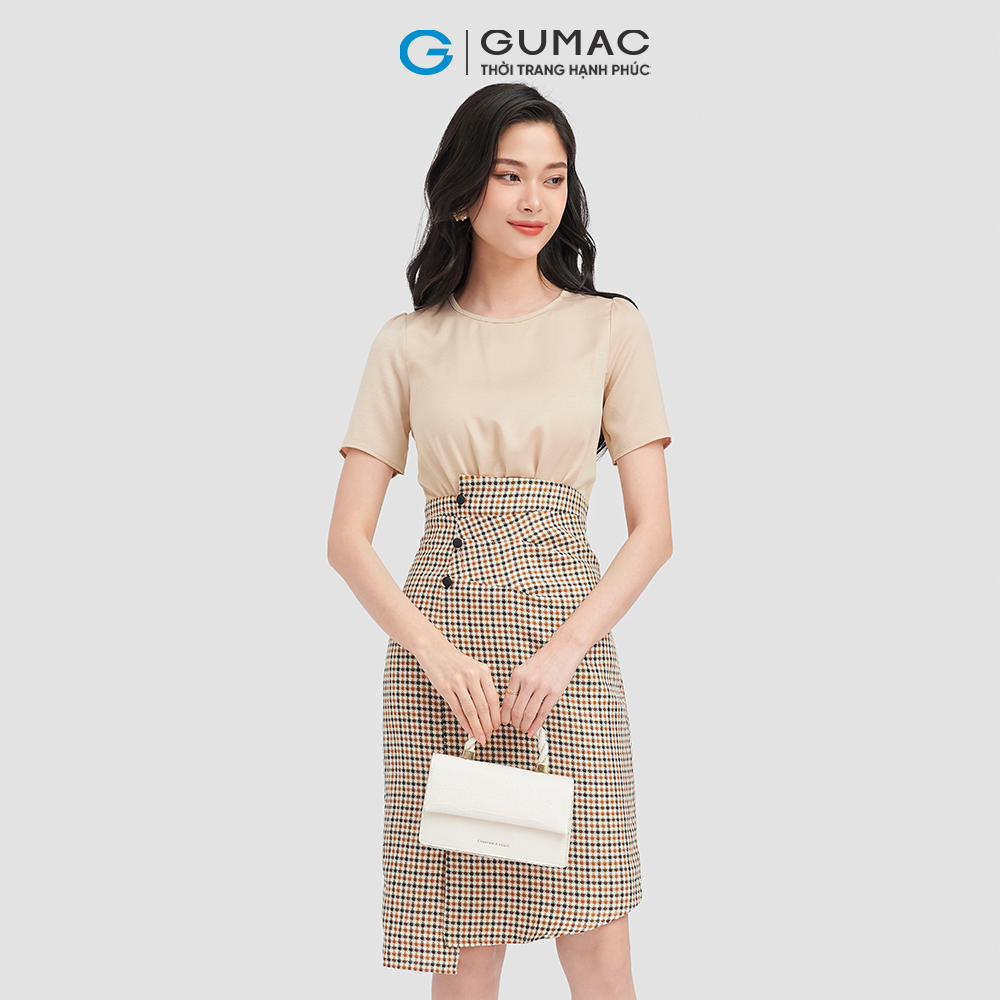 Đầm dáng ôm GUMAC DC09039 caro phối lụa