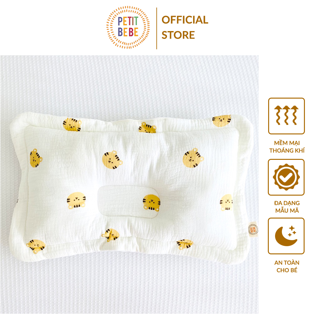 Gối lõm chống bẹp đầu chữ nhật PETIT BEBE muslin thấm hút thoáng khí cho bé từ 3 tháng tuổi