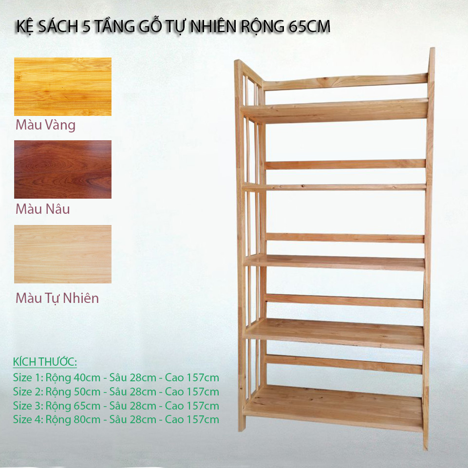 Kệ sách 5 tầng gỗ tự nhiên nhiều size