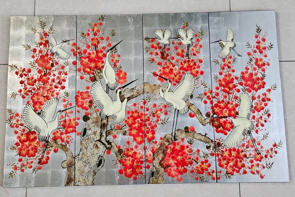 Bộ Tranh sơn mài 4 tấm - HOA ĐÀO &amp; ĐÀN HẠC TIÊN - Size 50x80 cm / 60x120 cm - Ý nghĩa Phong Thủy