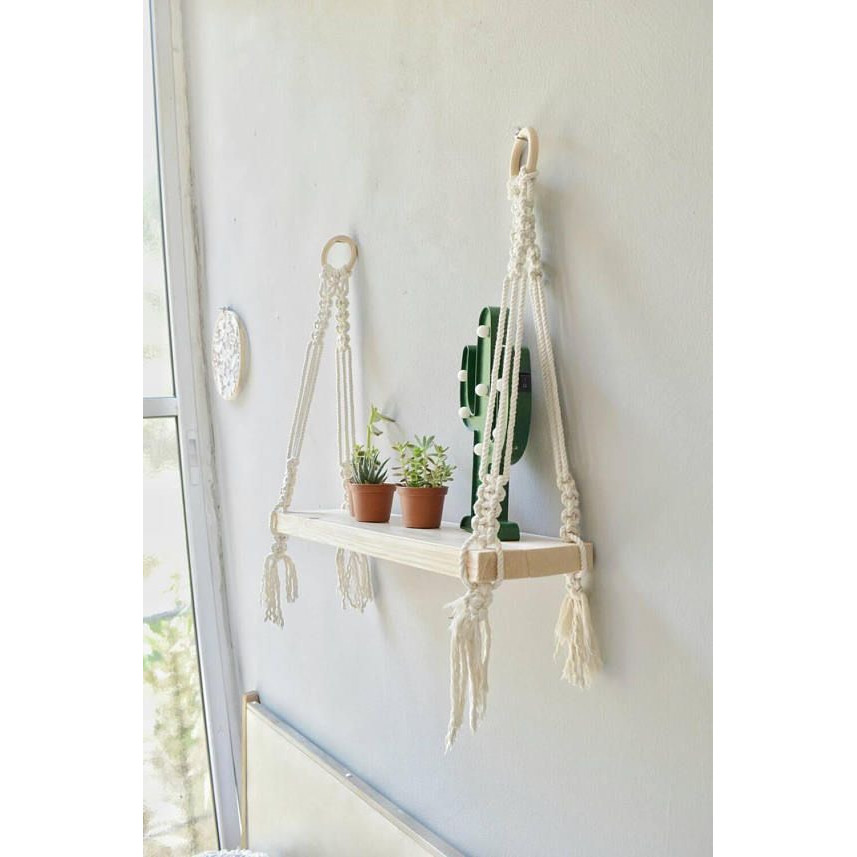 Kệ treo dây Macramé M13, kệ gỗ trang trí treo tường màu tự nhiên