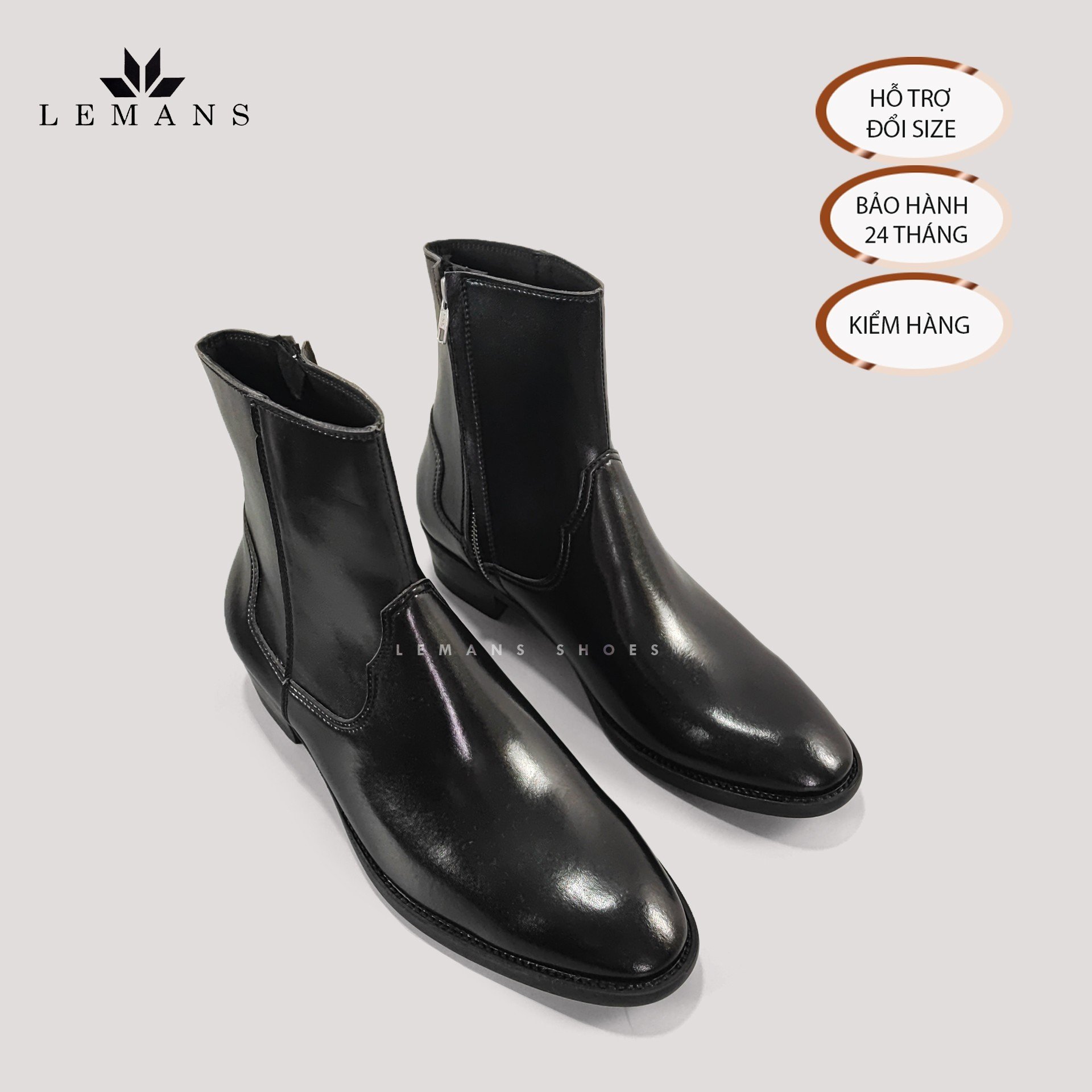 Giày da bò Zip Boots Black LeMans ZB01B, phối đai xích tạo thành 3 đôi Harness, bảo hành 24 tháng