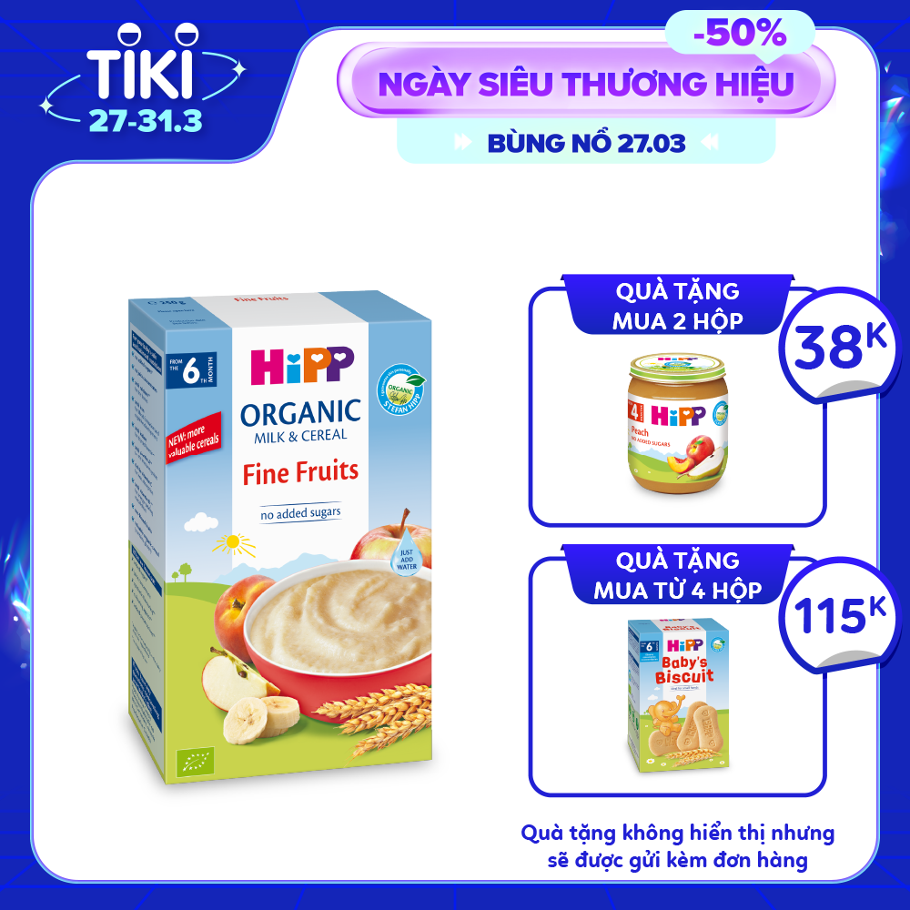 Bột ăn dặm dinh dưỡng Sữa, Hoa quả tổng hợp - Táo, Chuối, Lê, Mơ HiPP Organic 250g