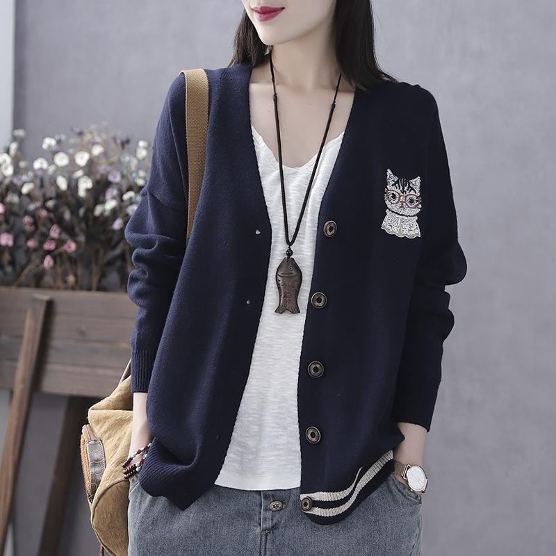 Áo cardigan len nữ thêu hình mèo trẻ trung, thời trang phong cách Hàn