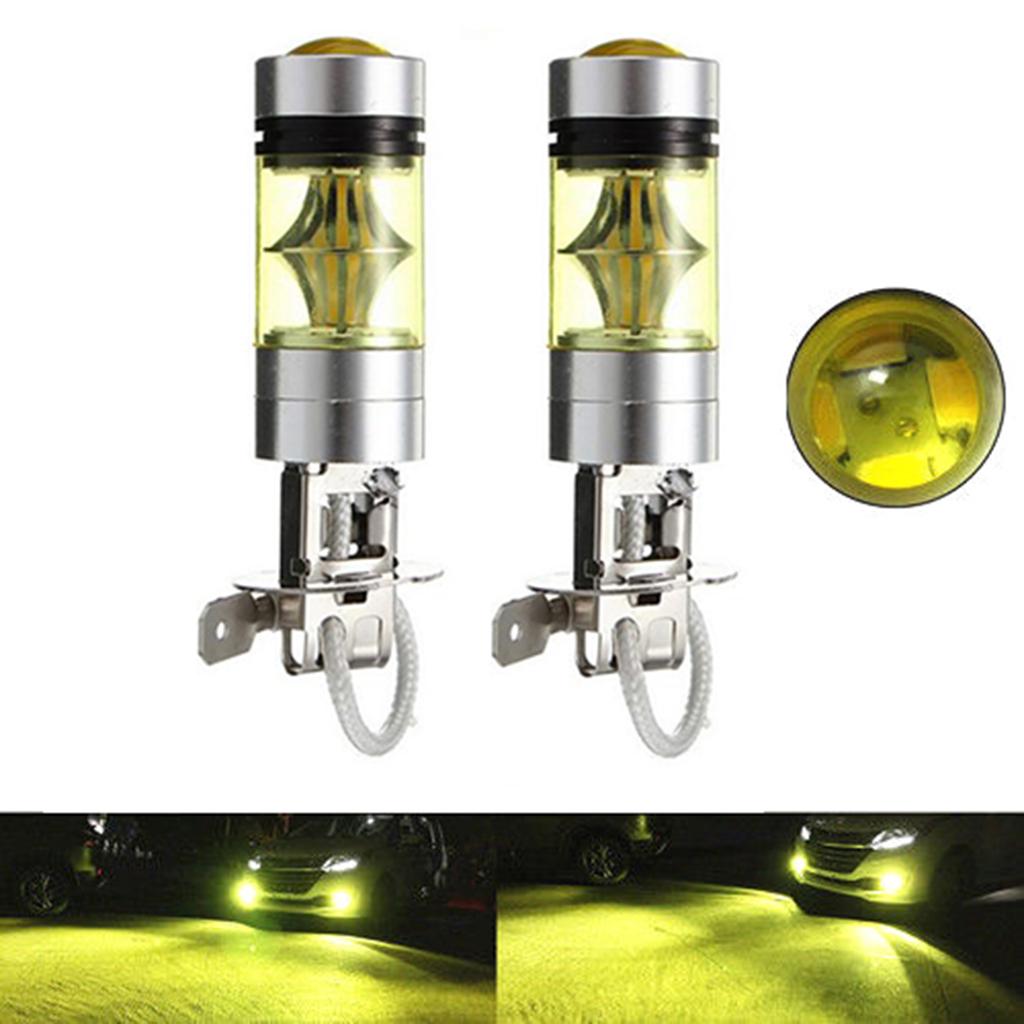 2Pcs Car H3 100W Fog Light Yellow 2323 LED DRL Projector Lamp Bulb 4300K
