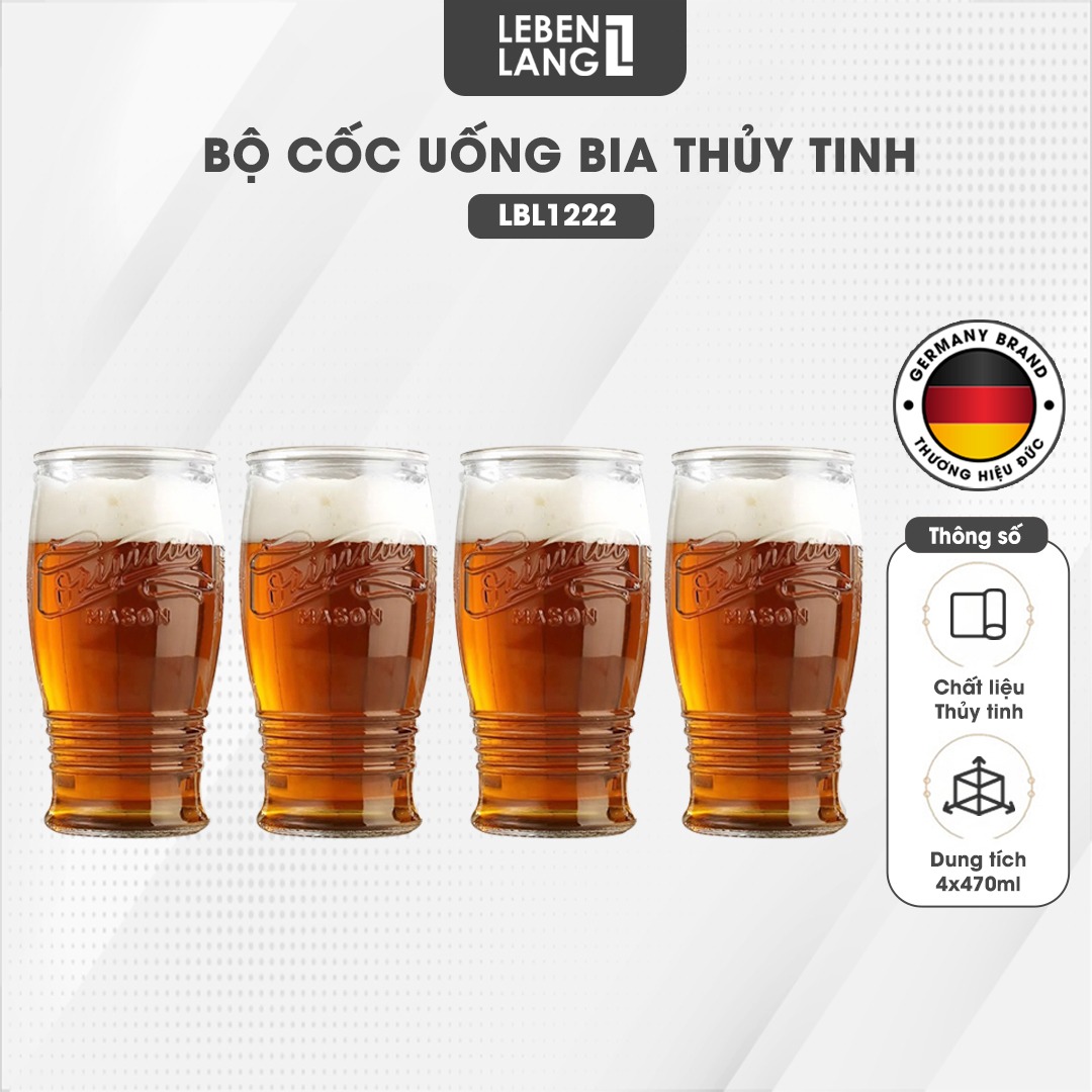 Bộ cốc uống bia thủy tinh Lebenlang LBL1222, bộ cốc 4 chiếc, 470ml/cốc, dễ dàng vệ sinh - hàng chính hãng
