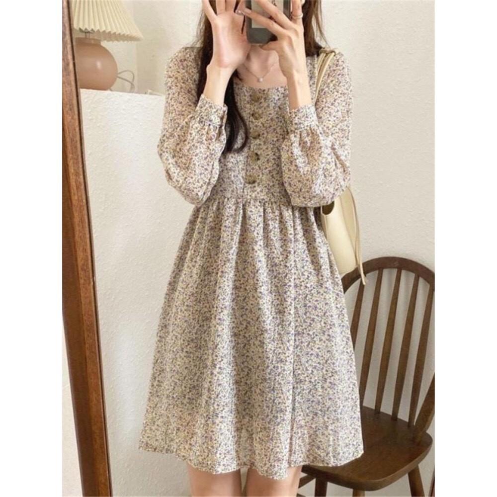 Váy babydoll hoa nhí dáng xòe, đầm họa tiết vintage Hàn quốc, phù hợp đi làm, đi chơi, dự tiệc SANMAY VD008