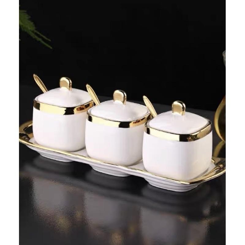 Bộ gia vị sứ 2 màu xanh và trắng kèm khay thìa cao cấp