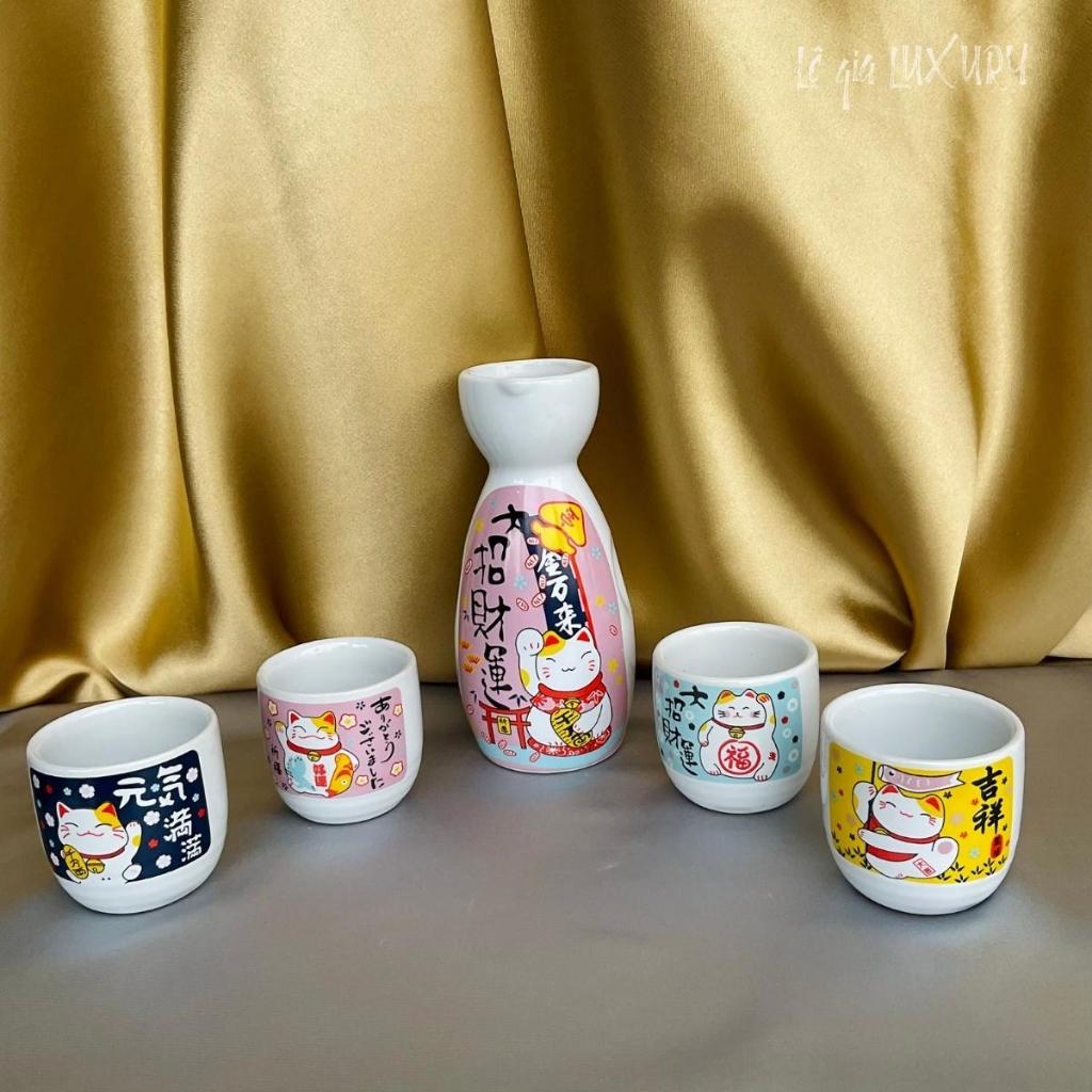 Bộ bình rượu TÊT gốm sứ phong cách Nhật Bản Cổ Điển, Bộ bình rượu Sake cao cấp- Họa tiết Mèo may mắn