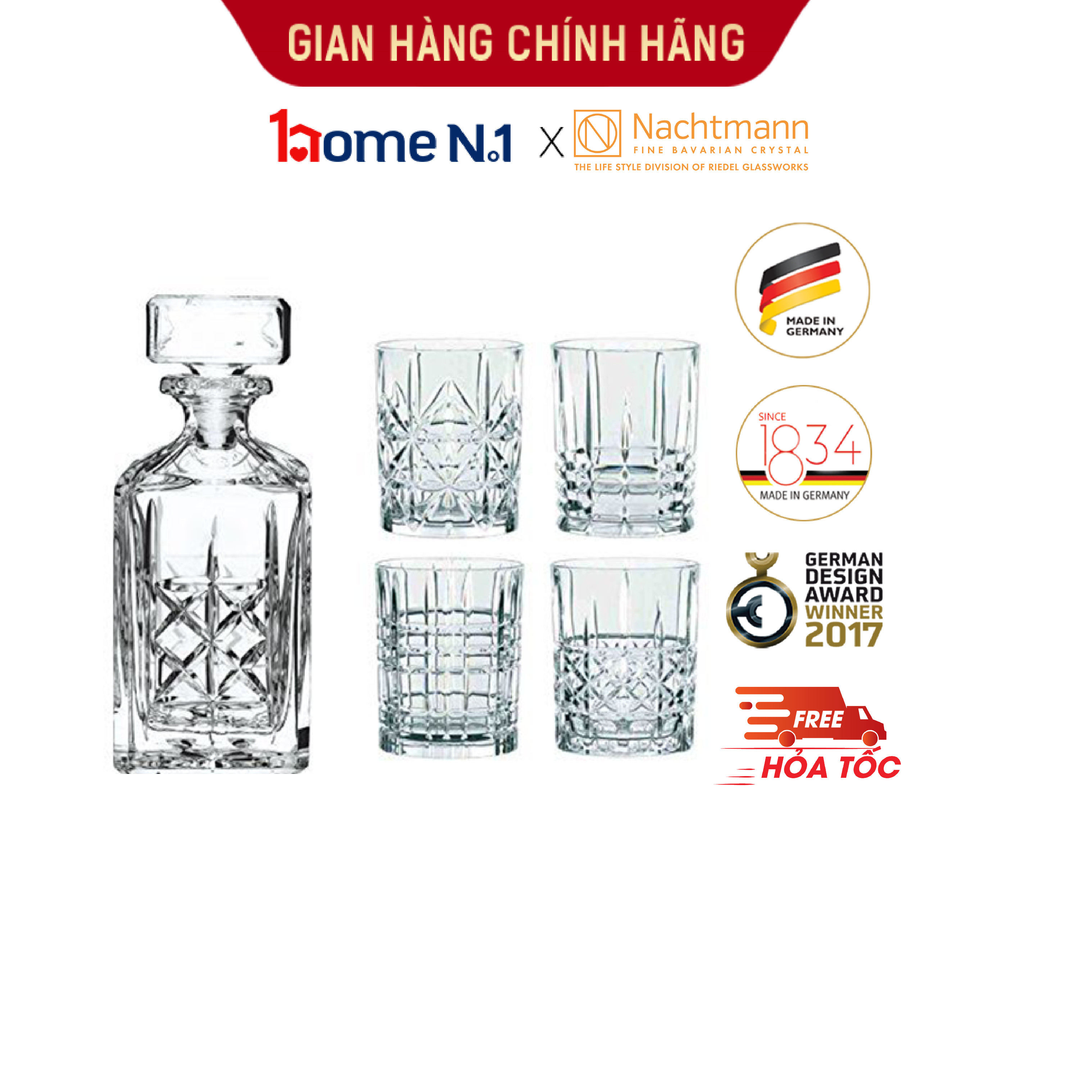 Bộ bình &amp; ly pha lê whisky Nachtmann Highland 5 món - Hàng chính hãng Đức