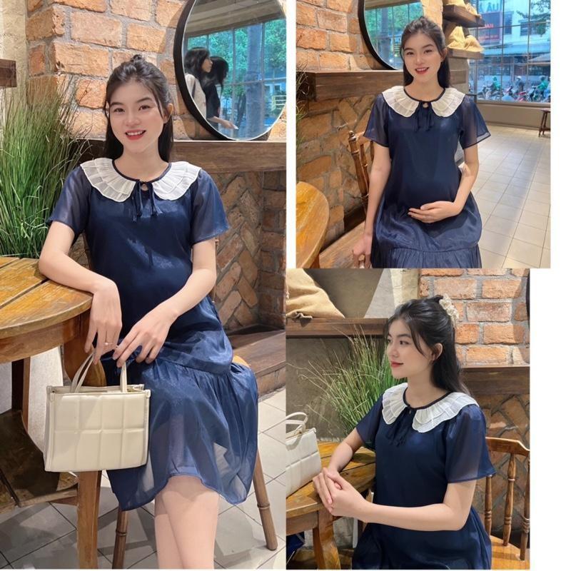 Đầm bầu tiểu thư cổ bèo nhún nhẹ nhàng form đuôi cá trẻ trung chất tơ mềm ( 2 lớp ) - Hồng