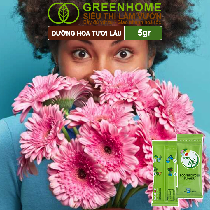 Dưỡng Hoa Tươi Lâu Greenhome, Longlife, Phân Bón Cho Hoa Cắt Cành, Gói 5gr, Lâu Tàn, Nở Bông To, Không Bị Hôi Nước