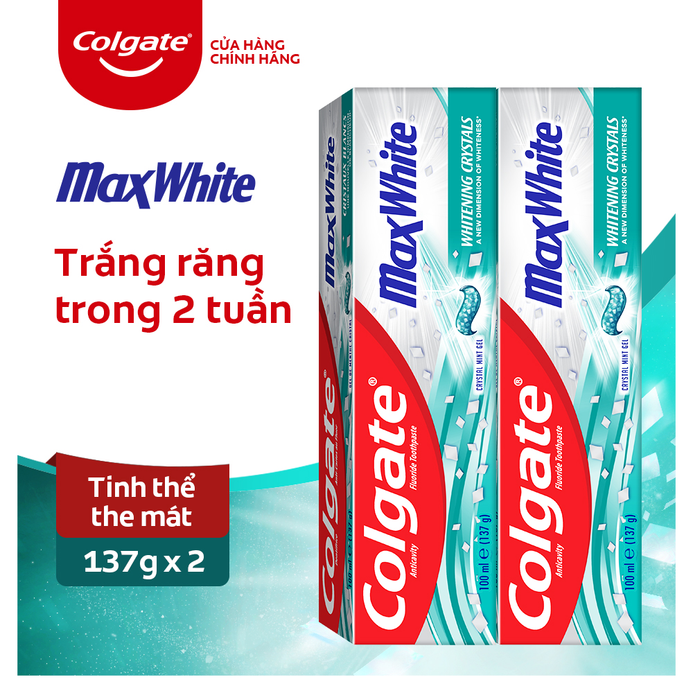 Bộ 2 Kem đánh răng Colgate MaxWhite tinh thể the mát, làm trắng răng trong 2 tuần 137g/ tuýp