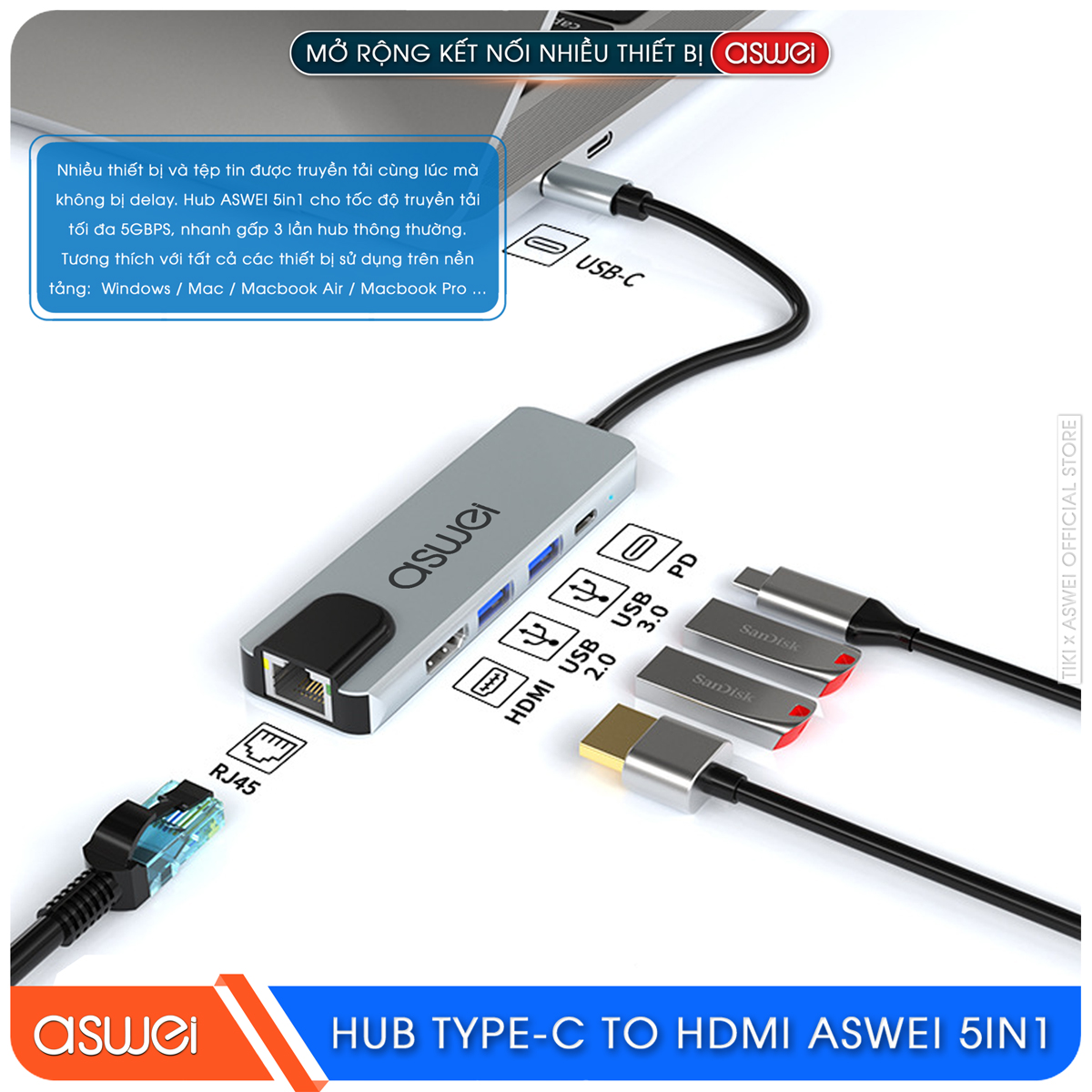 Hub Type C ASWEI 5 in 1 To HDMI, USB 3.0, Lan RJ45, PD 100W - Hàng Chính Hãng