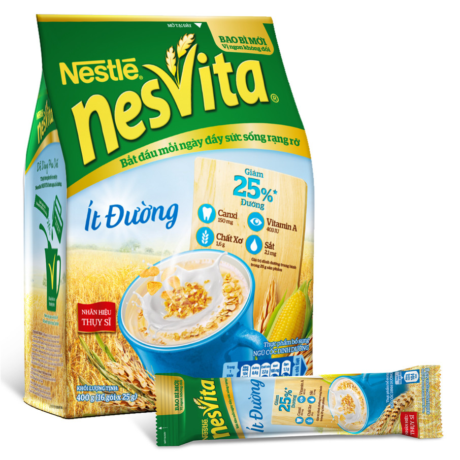 Túi 16 Gói Bột Ngũ Cốc Nestle Nesvita Ít Đường (25g)