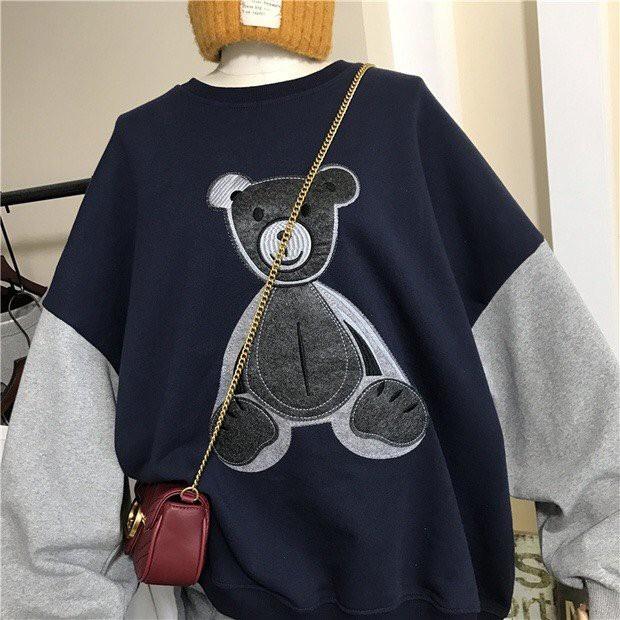 50000 Áo Sweater Nỉ Hàn Quốc Nam Nữ Họa Tiết Gấu Tay Phối 2 Màu Dáng Rộng Cực Xinh