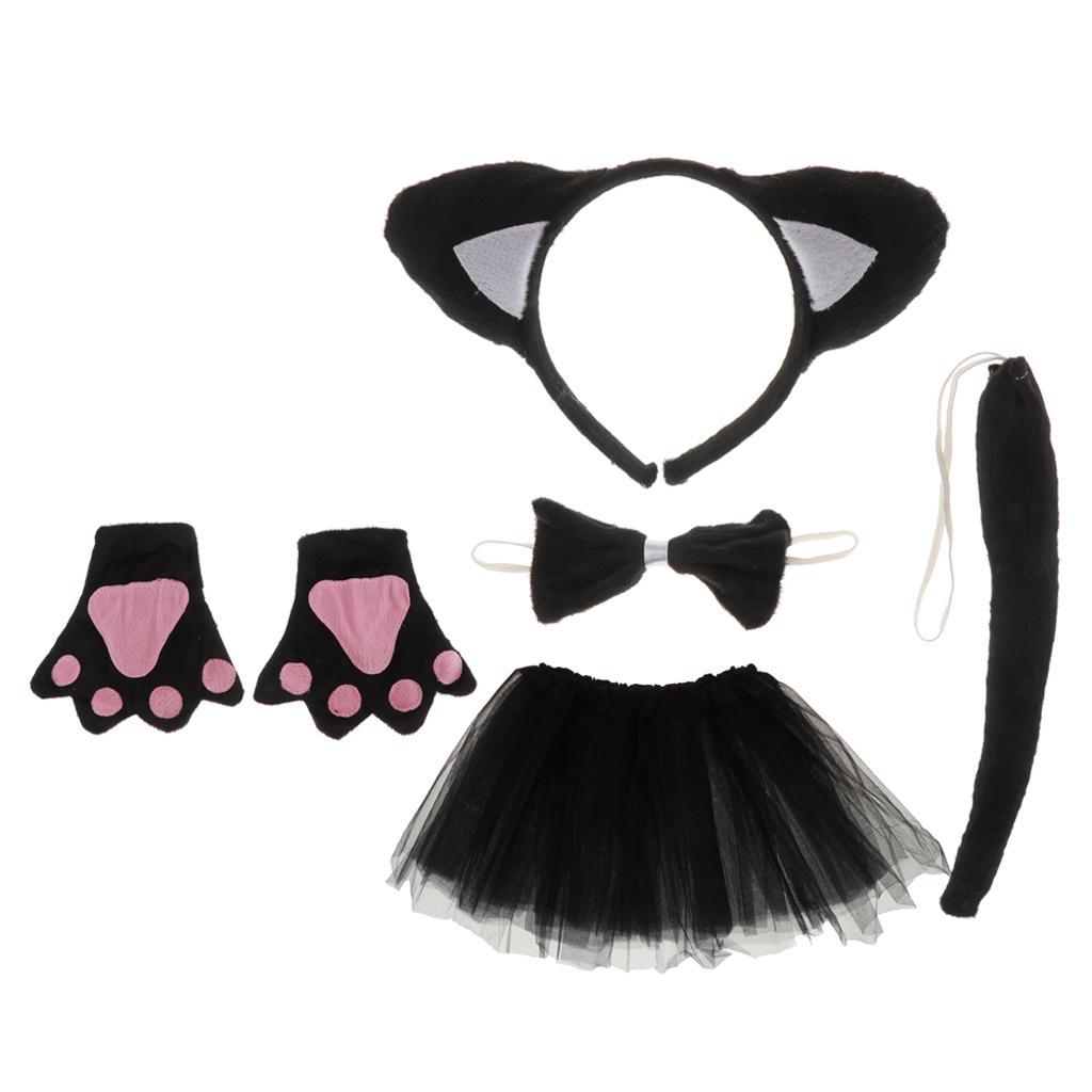 Christmas Girls Kids Birthday Black Cat Costume Set Ear Headband TUTU Skirt Bowtie Gloves Tail Fancy Dress Outfit