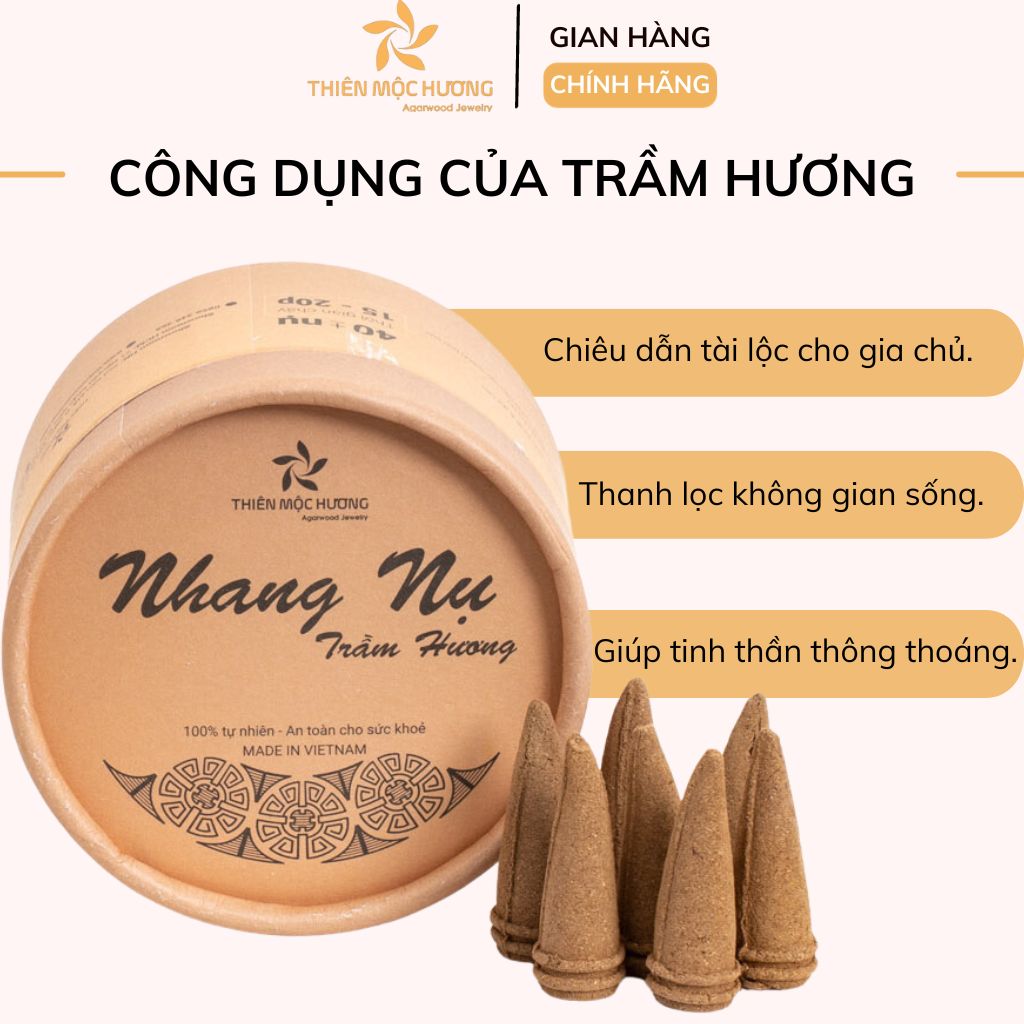 Nhang Nụ Trầm Hương tự nhiên khói chảy ngược - Hộp 40 nụ - Mùi thơm dịu nhẹ, không cay mắt, không kích mũi - Thiên Mộc Hương