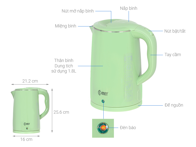 Bình đun siêu tốc Comet CM8218 – Hàng chính hãng - Inox 304 chống gỉ, dung tích 1.8L, công suất 1500W – Tự ngắt an toàn, thiết kế sang trọng