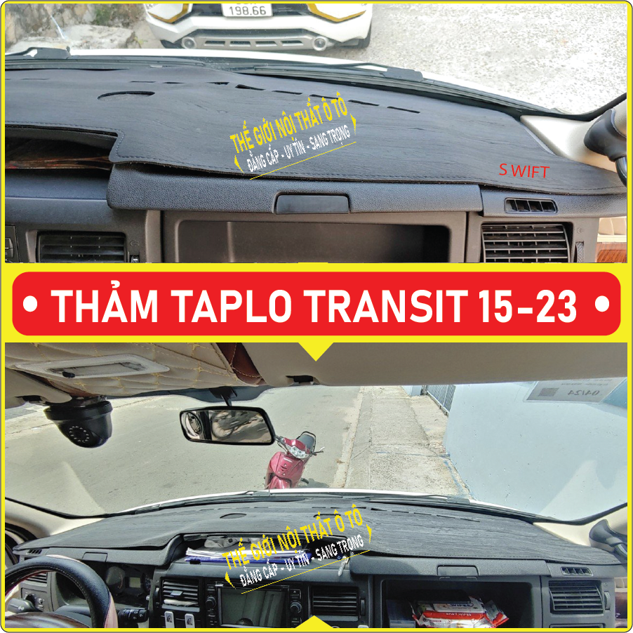Thảm taplo Ford Transit đời 2015 đến 2023 da cacbon, da vân gỗ, nhung cu· 3 lớp dày 1cm chống nắng cao cấp