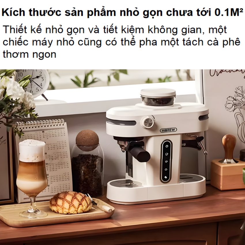 Máy pha cà phê bán tự động kiêm xay cà phê 15 chế độ Espresso, Cappuccino, Latte thương hiệu Mỹ cao cấp HiBREW H14 - Hàng Nhập Khẩu