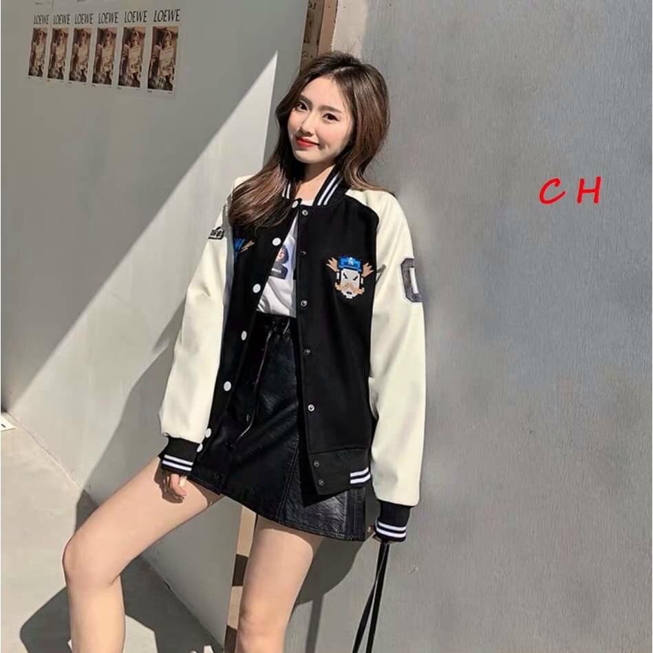 Áo khoác bomber nữ cổ tàu chất nỉ bông phối màu đẹp