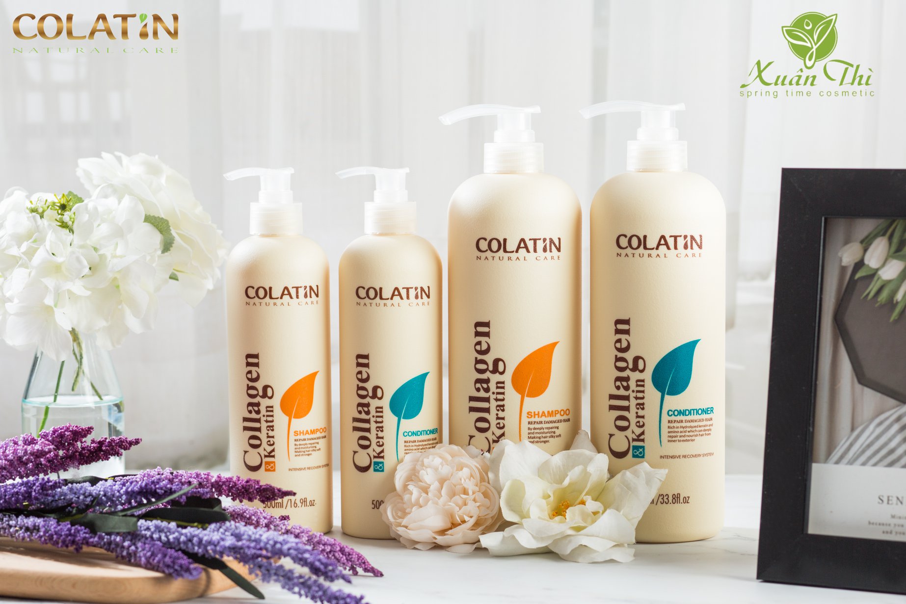 Cặp Dầu Gội + Xả Dưỡng Chất Tơ Tằm COLATIN Collagen &amp; Keratin giúp tóc phục hồi hư tổn 500ml/1000ml