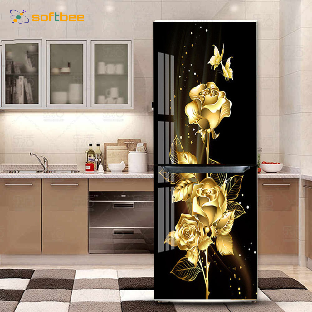 Decal dán tủ lạnh, gồm 4 kích thước chọn lựa, in hình hoa hồng phông đen, chống nước, keo bám dính tốt