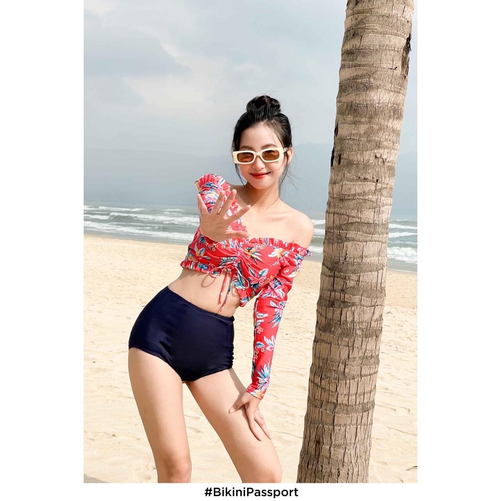 Áo bơi NỮ lẻ BIKINI PASSPORT kiểu tay dài phối nhún đường viền - màu Đỏ - BS333_RD
