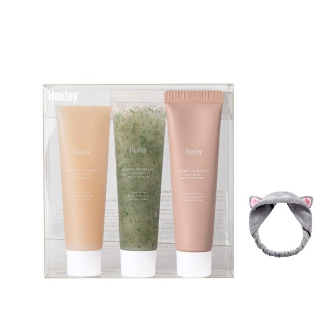 Set 3 Mặt nạ tẩy tế bào chết, làm sạch và dưỡng da 3 bước Huxley Mini Spa Routine Set 30g x3 (Sleep Mask, Scrub Mask, Clay Mask) + Tặng Kèm 1 Băng Đô Tai Mèo (MÀu Ngẫu Nhiên)